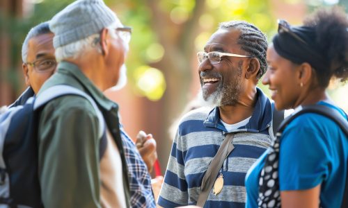 A group of older adults are laughing and talking together outdoors.